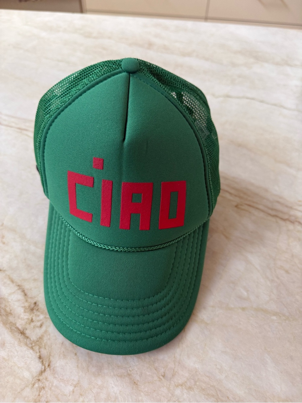 Clare V Green Trucker Hat with Red "CIAO" Graphic